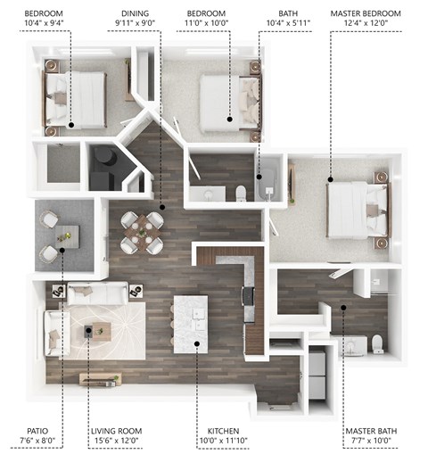Floor plan for 3 beds, 2 baths, 1226 sqft